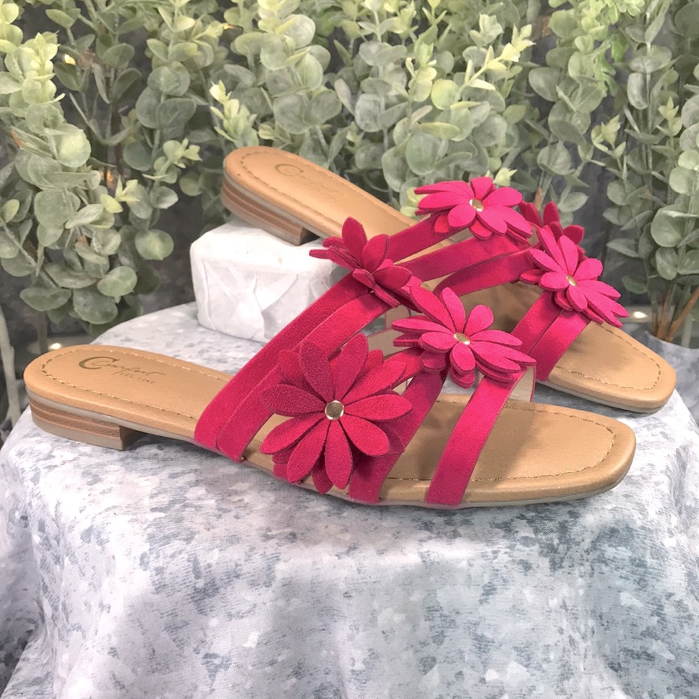 C Comfort Fuchsia Crossband Flower Sandals .75” Block Heels WMS 9M💖Brand NEW💖